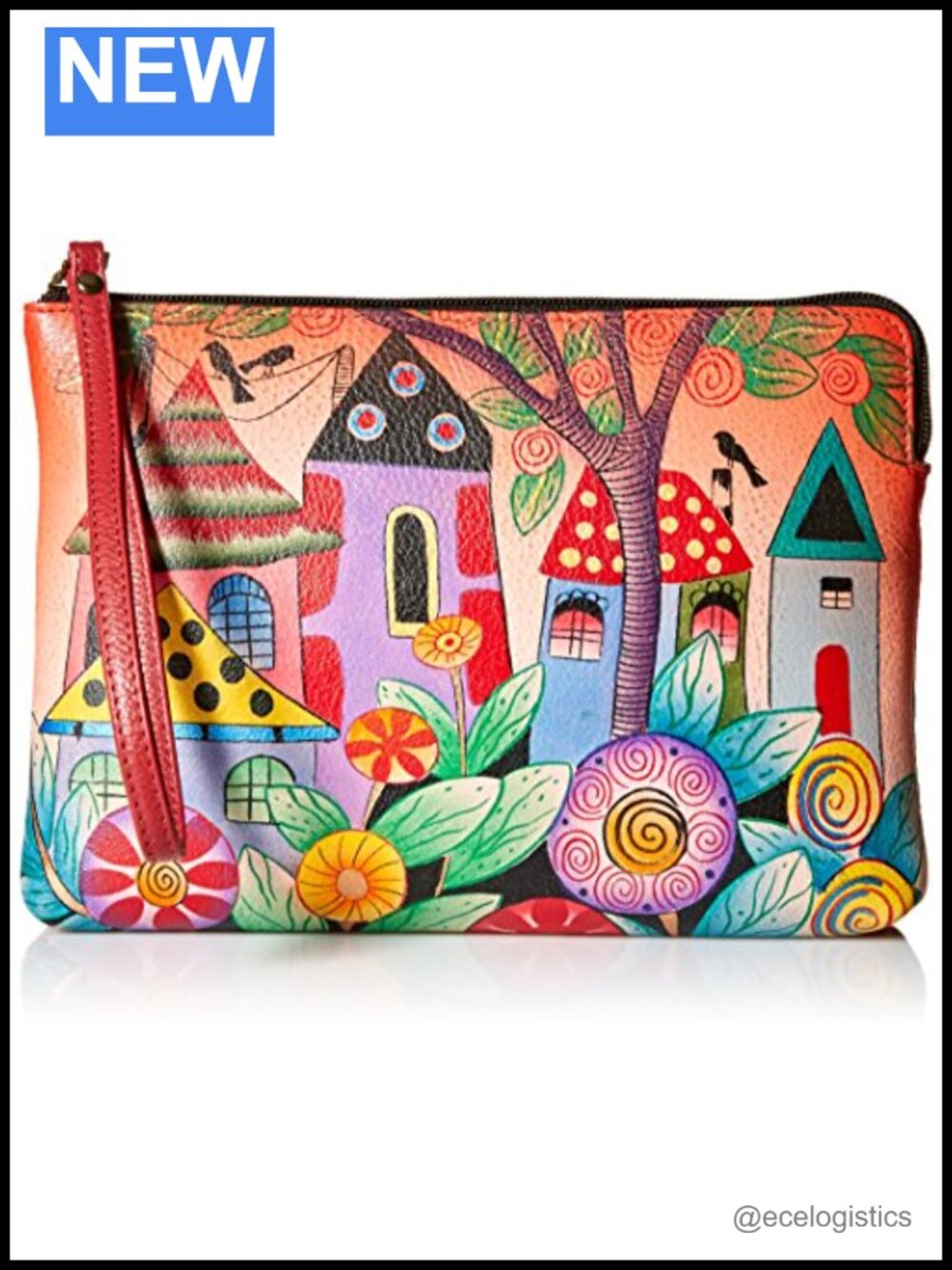 Hand Painted Genuine Leather Wristlet Clutch Women's Art
